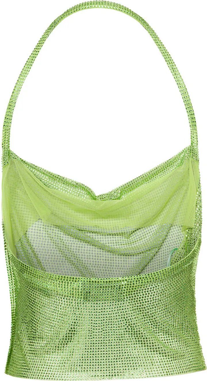 Green Halterneck Top With Crystals Open Back Polyamide Woman