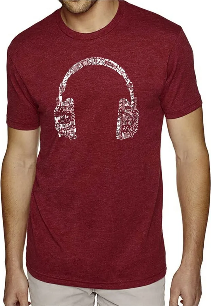 La Pop Art Mens Premium Blend Word Art T-Shirt - Headphones - Music in Different Languages