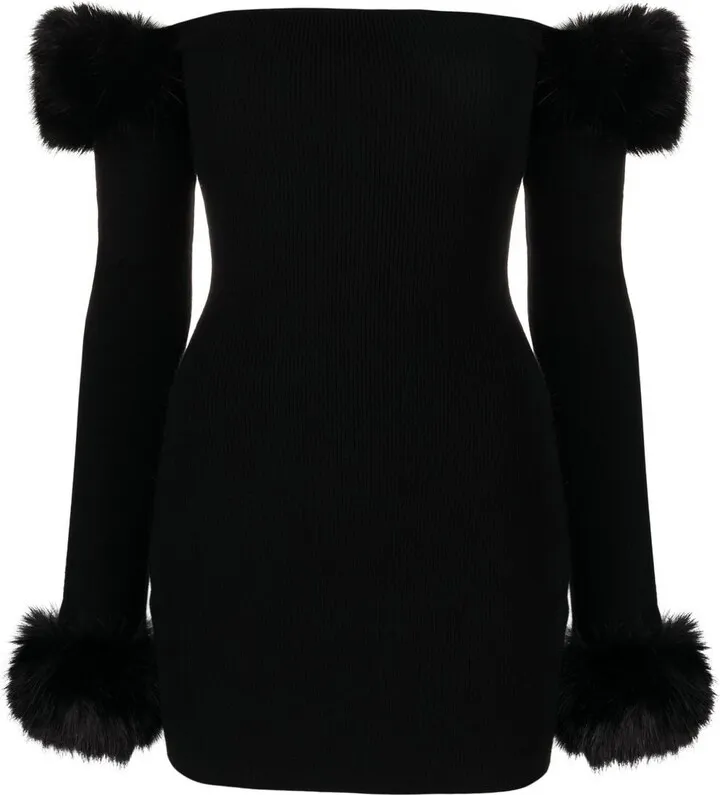 Faux-Fur Trim Off-Shoulder Dress