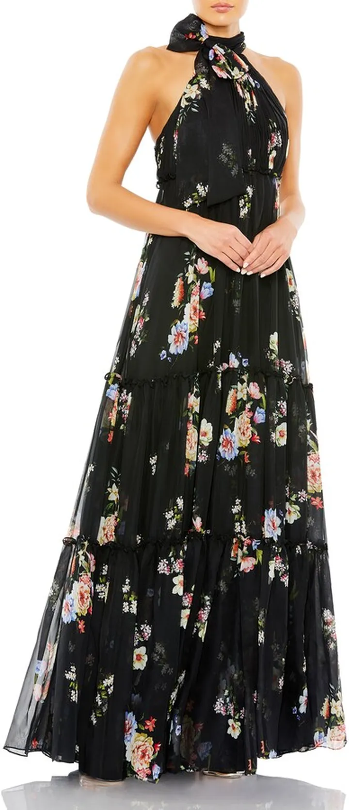 Floral Print Ruched Tiered High Neck Bow Gown