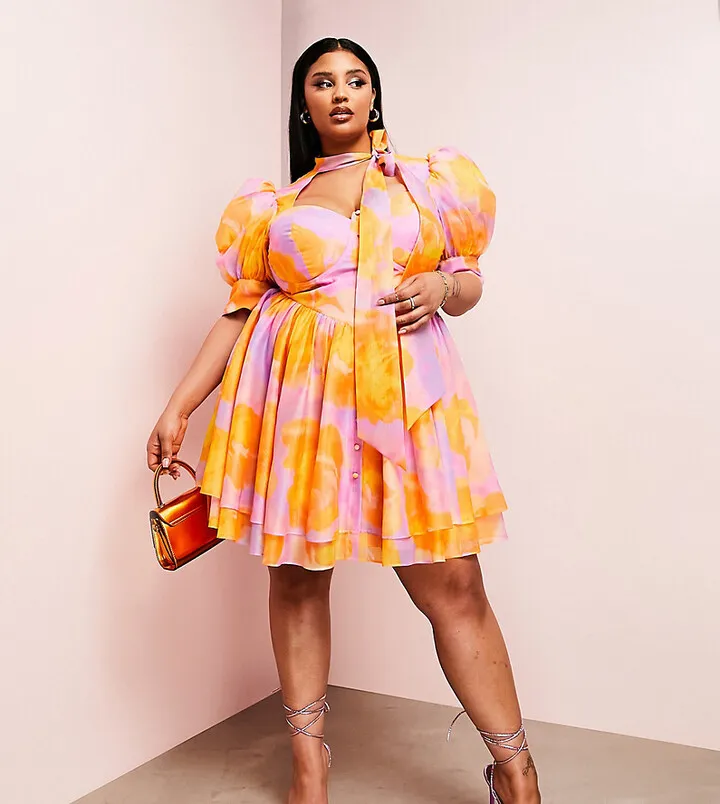 ASOS LUXE Curve sweetheart cut-out puff sleeve pussybow mini swing dress in floral