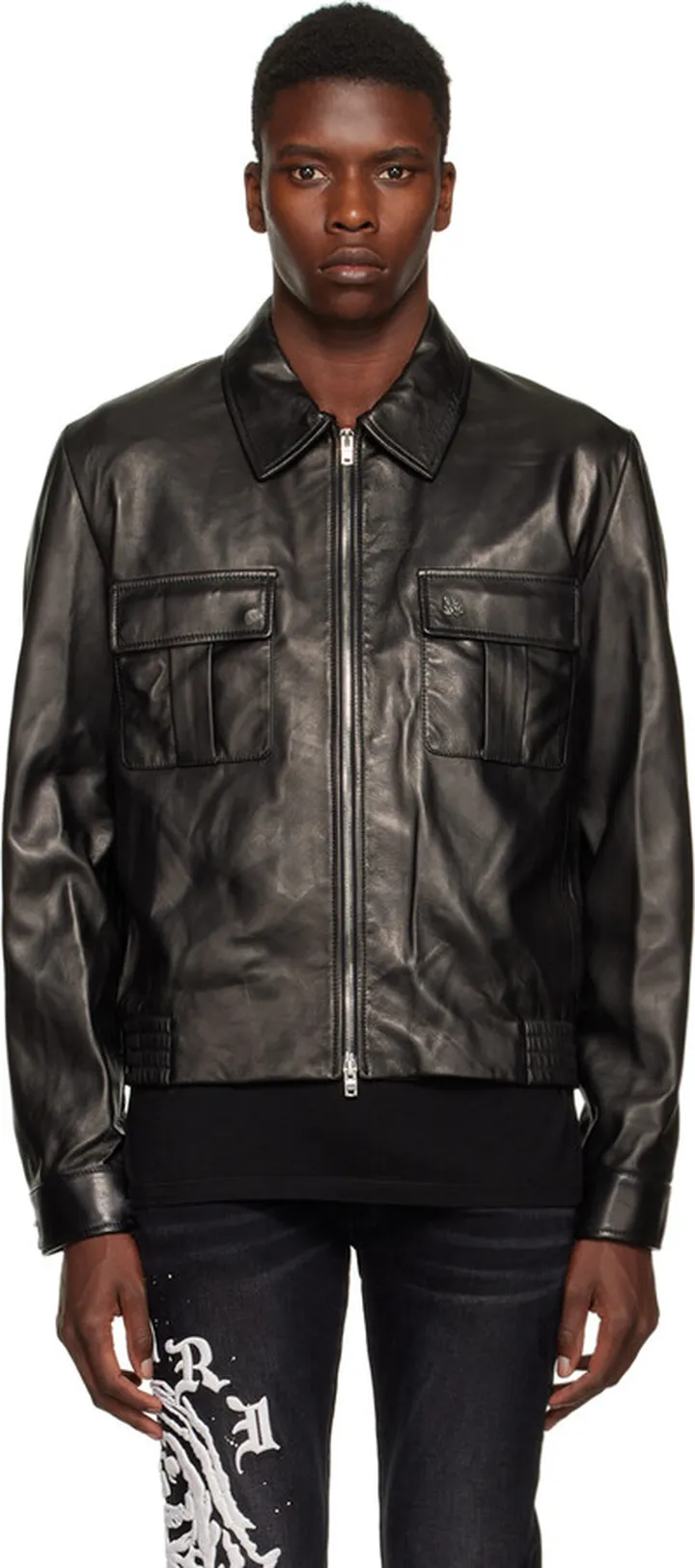 AMIRI Black Embroidered Collar Leather Jacket