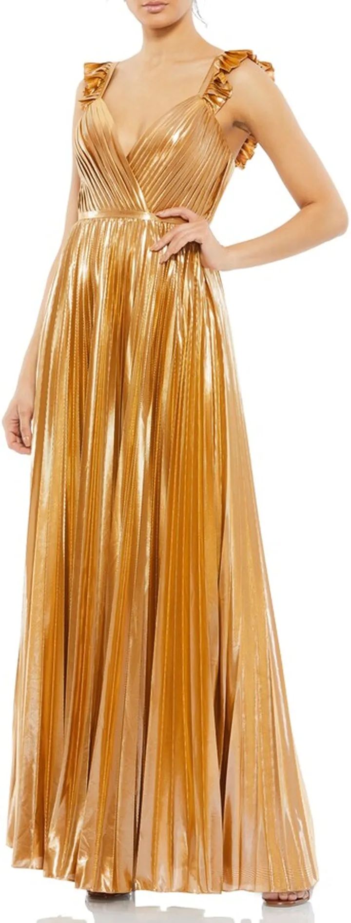 Pleated Metallic Sleeveless Gown