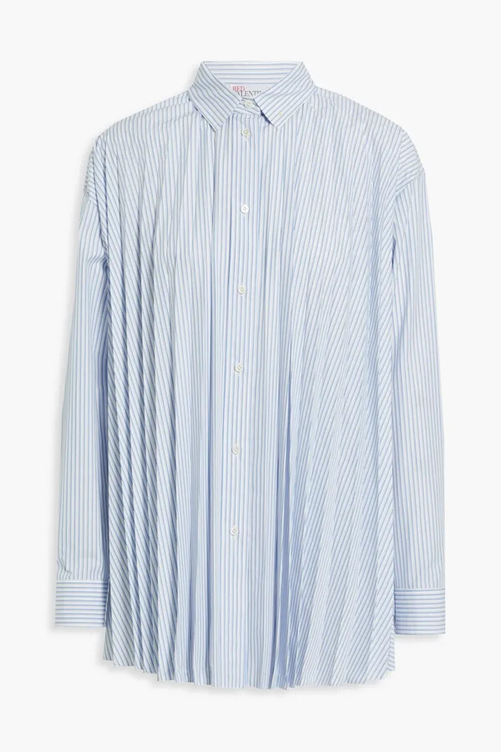 Pleated striped cotton-blend poplin top