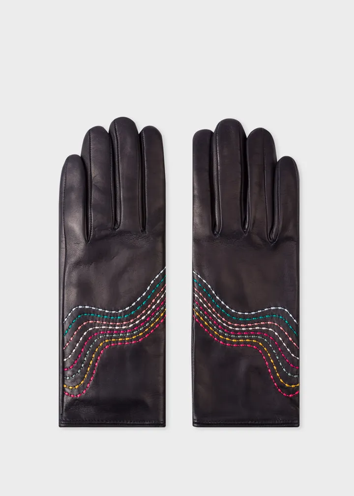 Women's Navy Leather Gloves With 'Swirl' Stitching Details