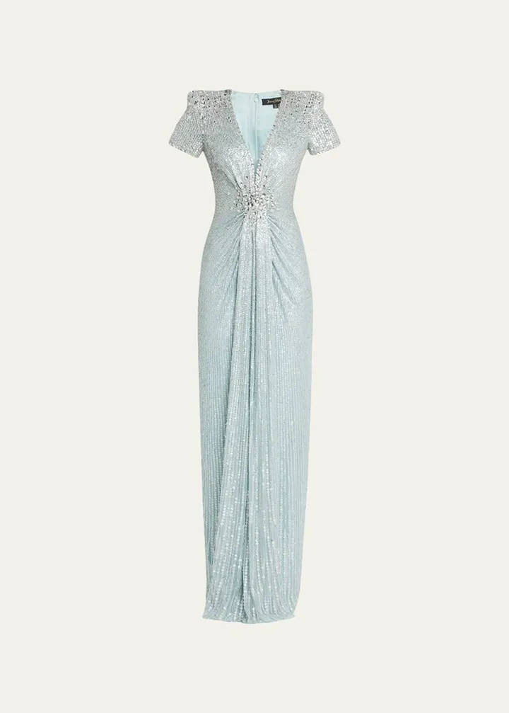 Momoka Plunging Crystal Embellished Strong-Shoulder Gown