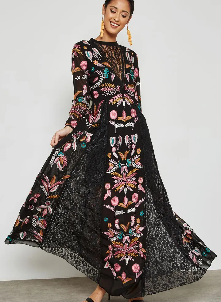 Embroidered Plunge Maxi Dress