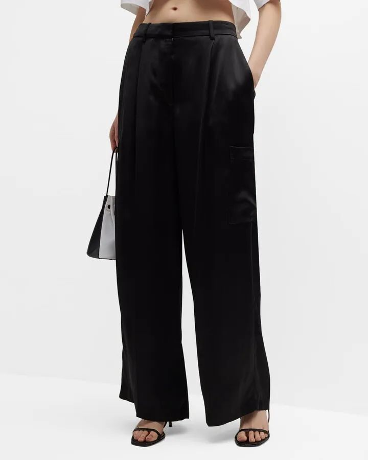 Wide-Leg Satin Cargo Pants