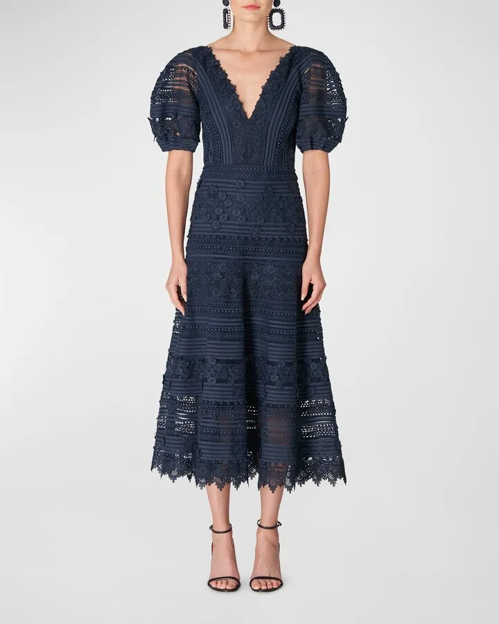 Floral Embroidered Puff-Sleeve Midi Dress