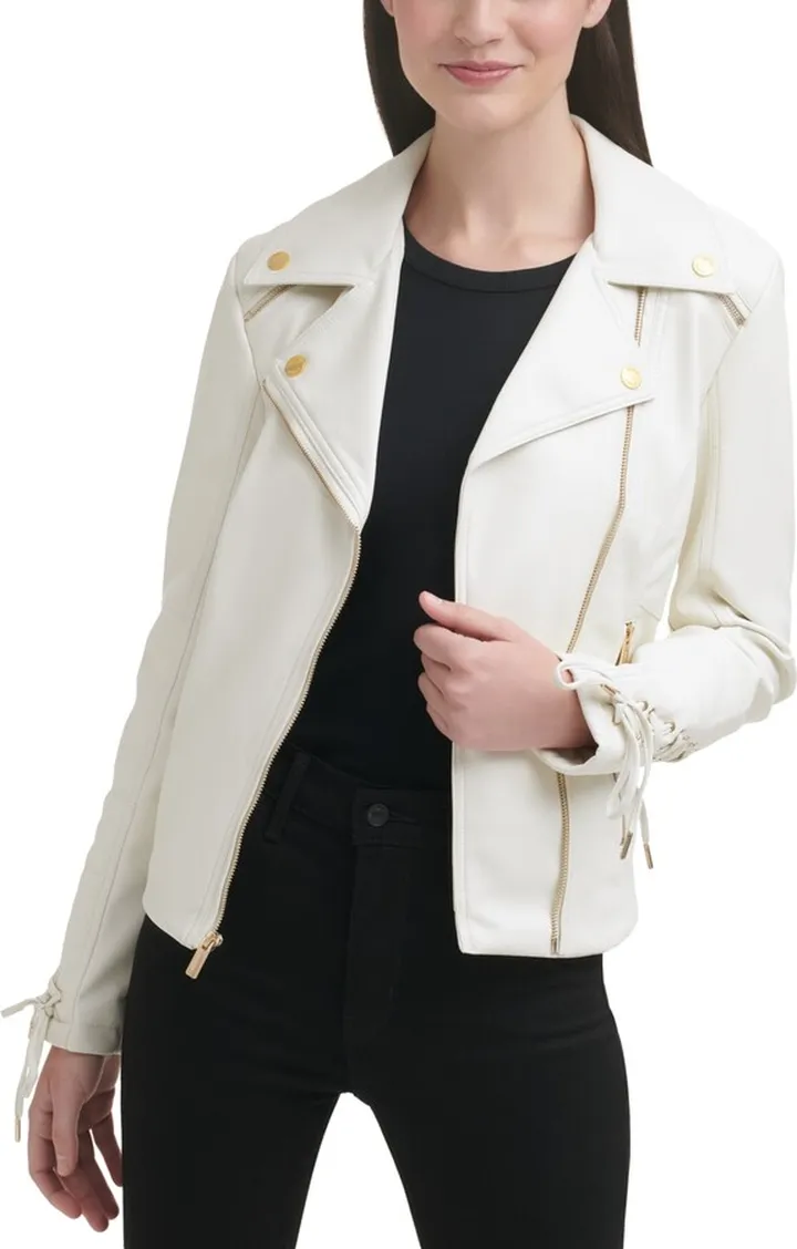 Guess Women's Faux-Leather Asymmetric Moto Coat