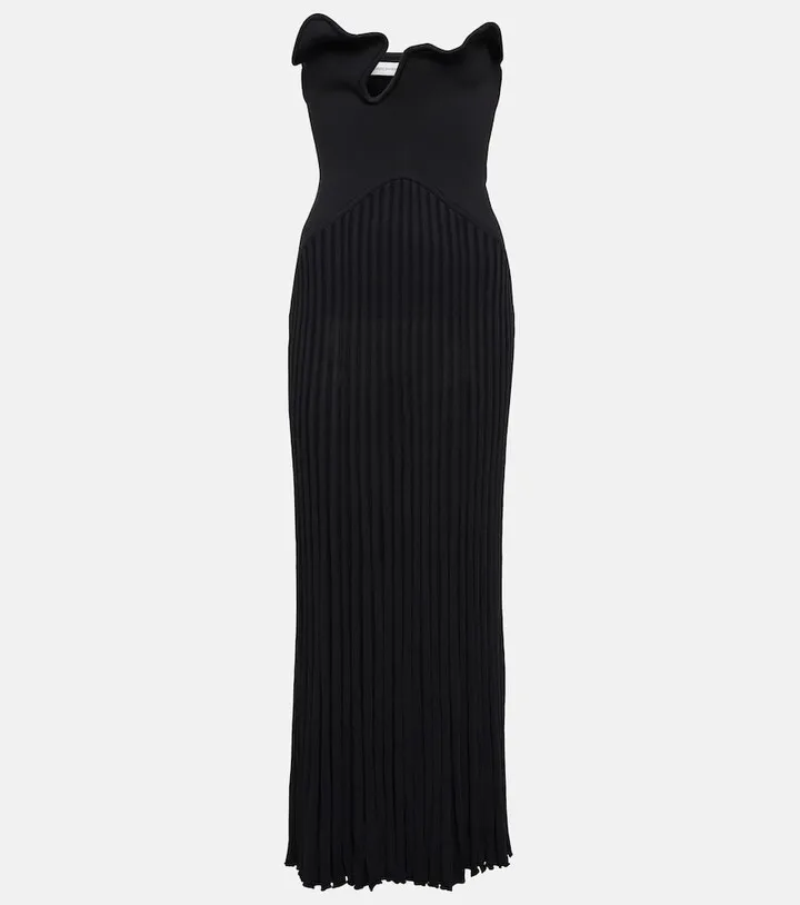Cutout pleated ribbed-knit maxi dress