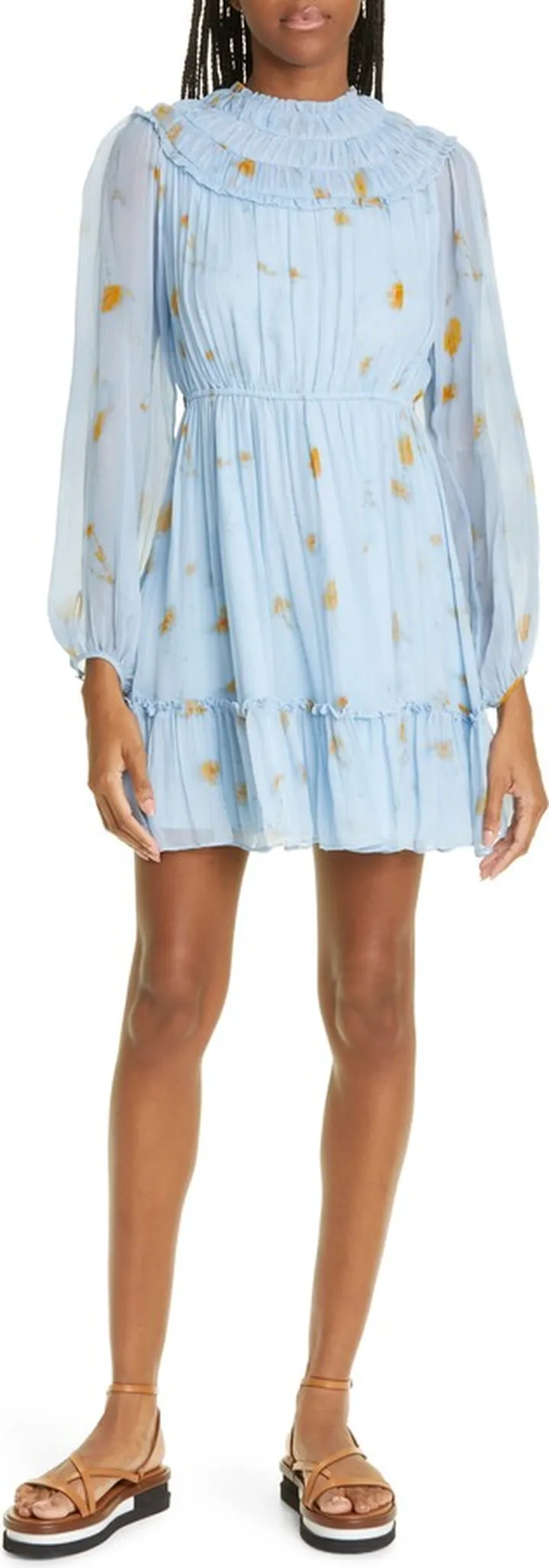 Print Smocked Long Sleeve Silk Minidress