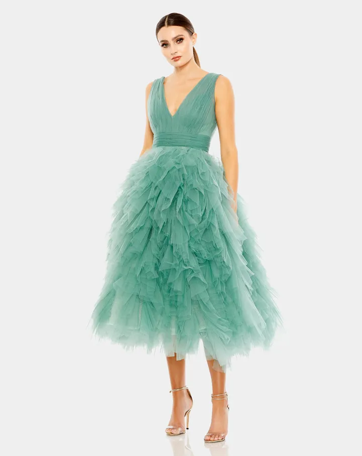 Ruffled Cap Sleeve V-Neck A Line Tool Dress