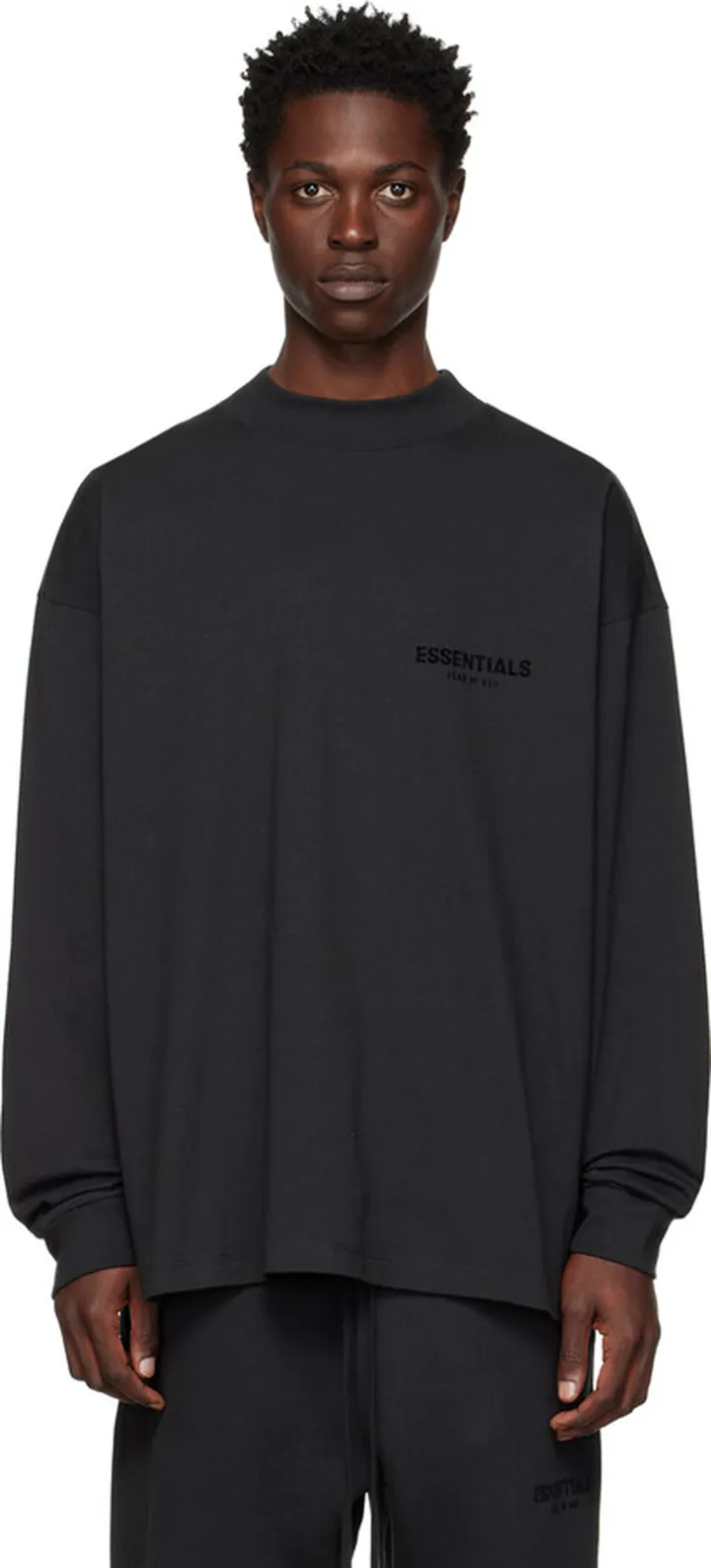 Essentials Black Flocked Long Sleeve T-Shirt