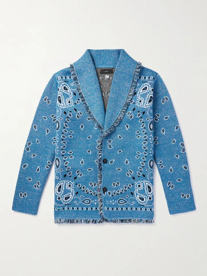 Fringed Bandana-Jacquard Cashmere and Linen-Blend Cardigan