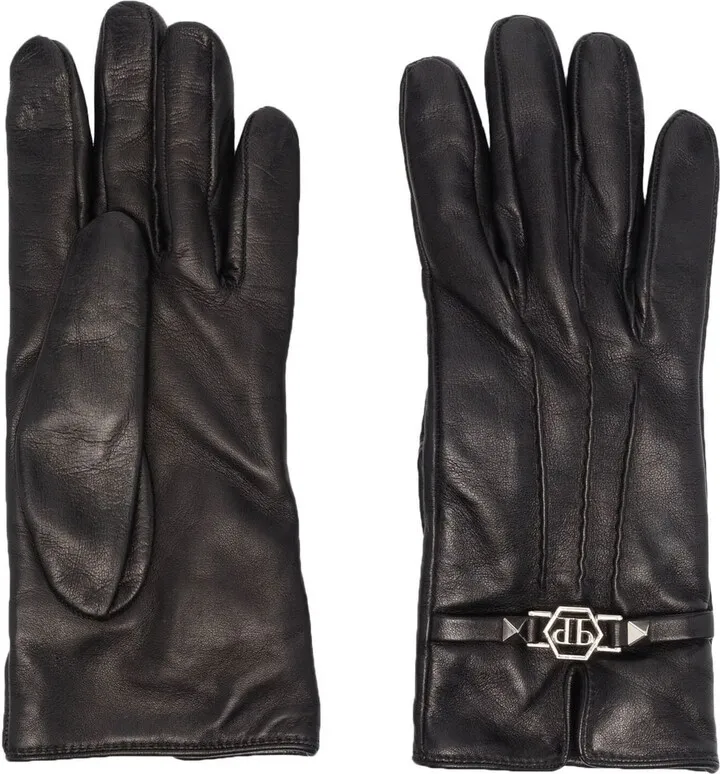 Skull-Charm Stud-Detail Leather Gloves
