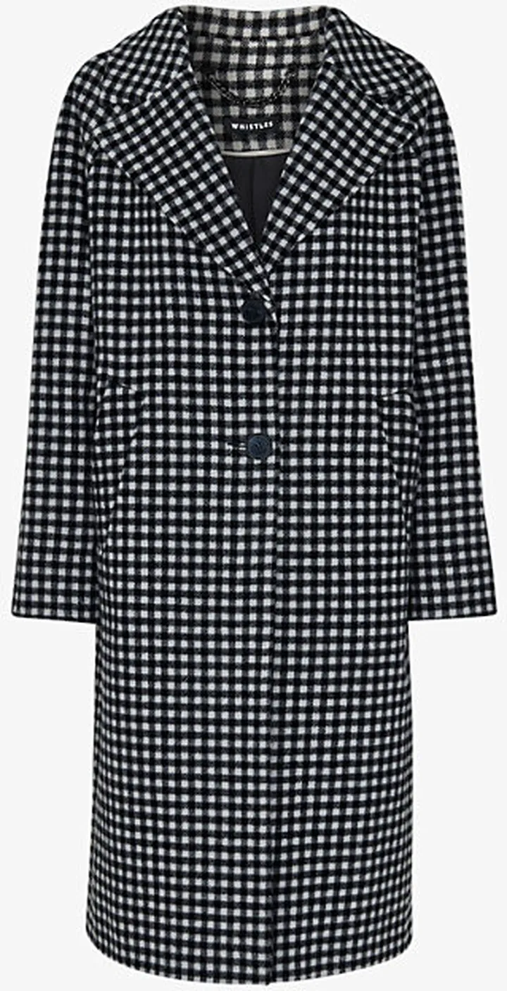 Womens Black Gingham Relaxed-fit Wool-blend Coat