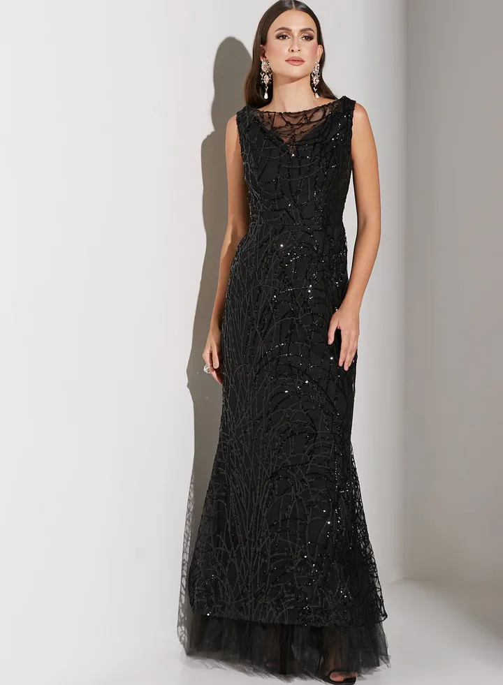 Renee Farah Shimmer Plunge Neck Dress