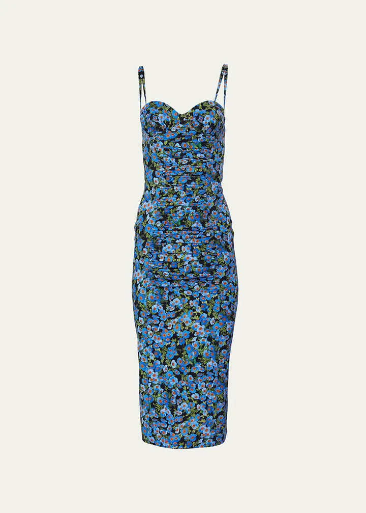 Floral Print Ruched Sweetheart Midi Dress
