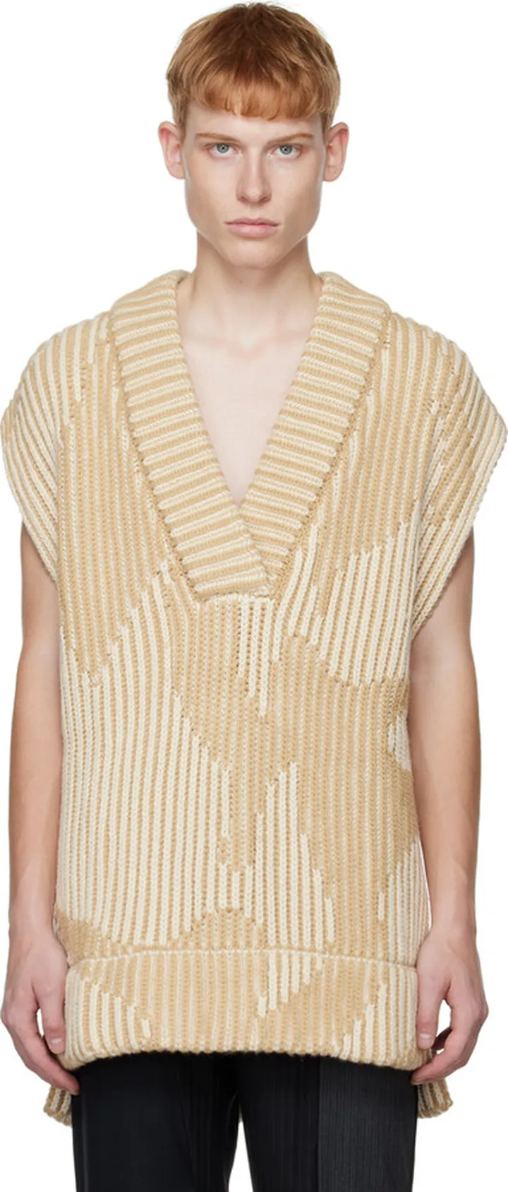 Feng Chen Wang Khaki Jacquard Oversized V-Neck