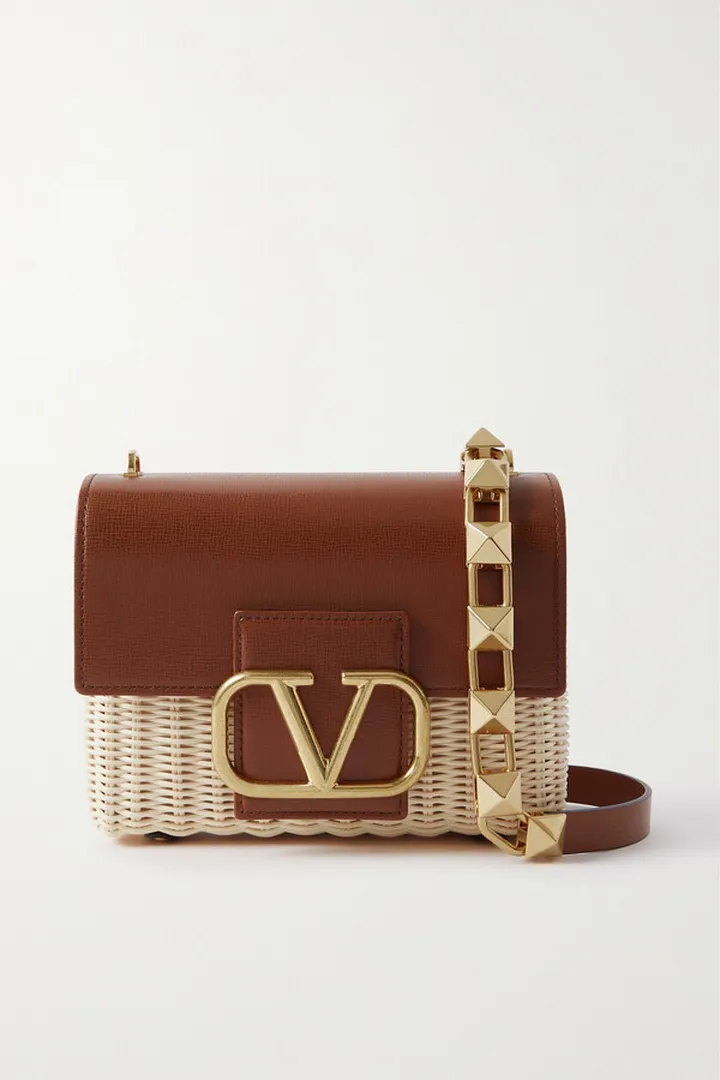 Valentino Garavani - Valentino Garavani Embellished Leather And Raffia Shoulder Bag - Brown