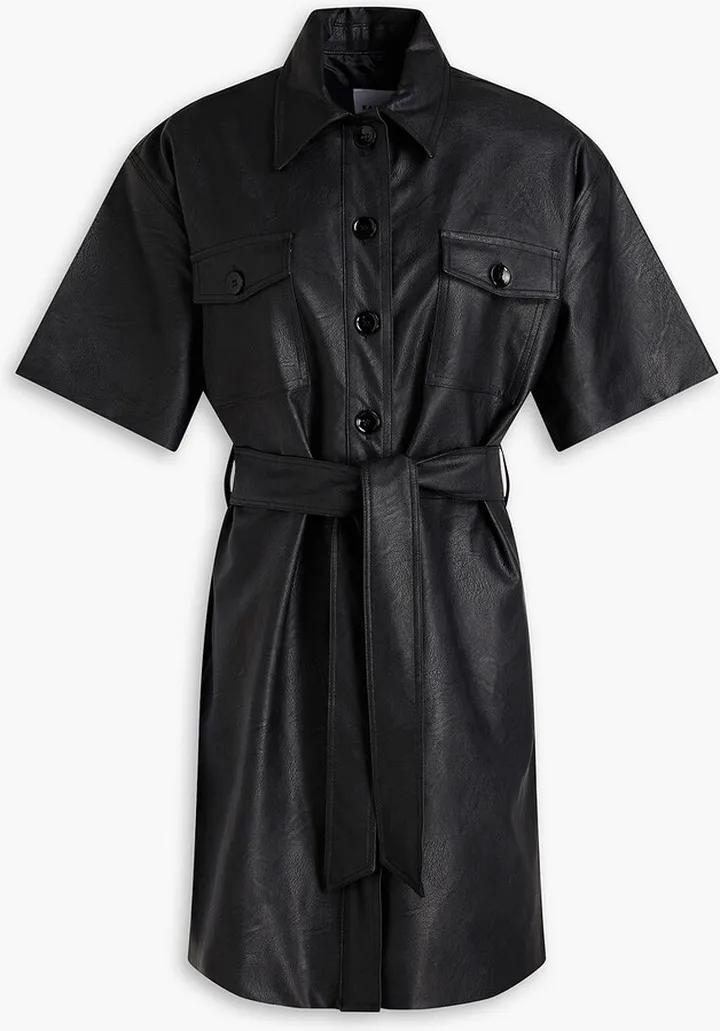 Belted faux leather mini shirt dress