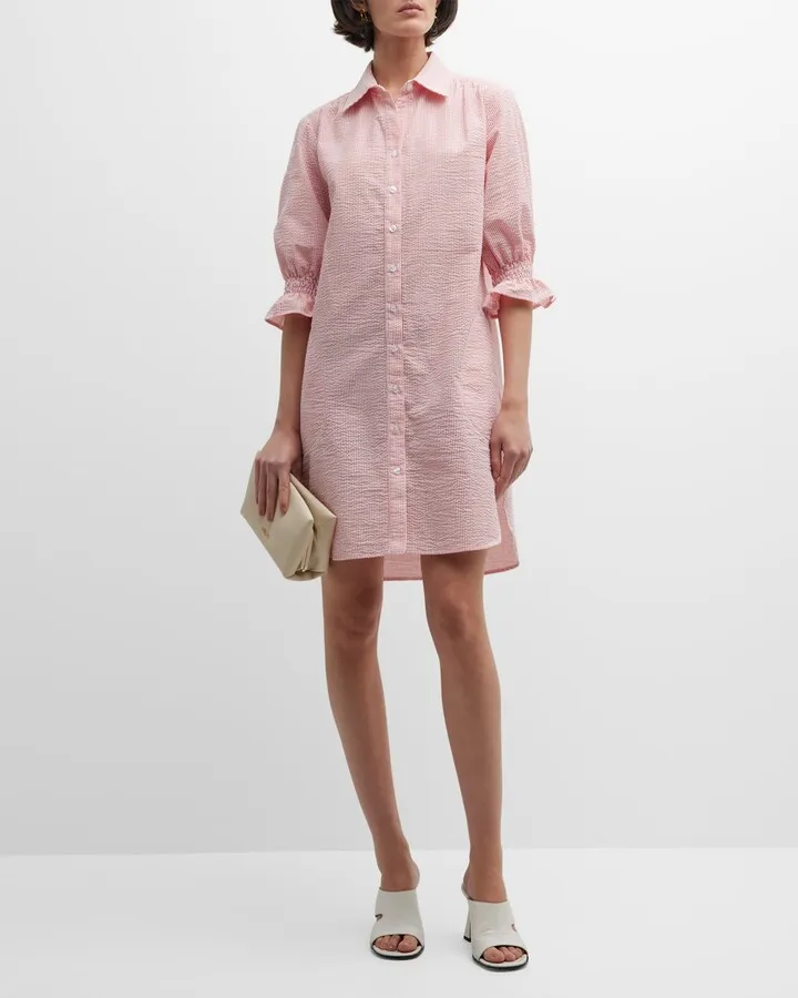 Miller Puff-Sleeve Seersucker Midi Shirtdress