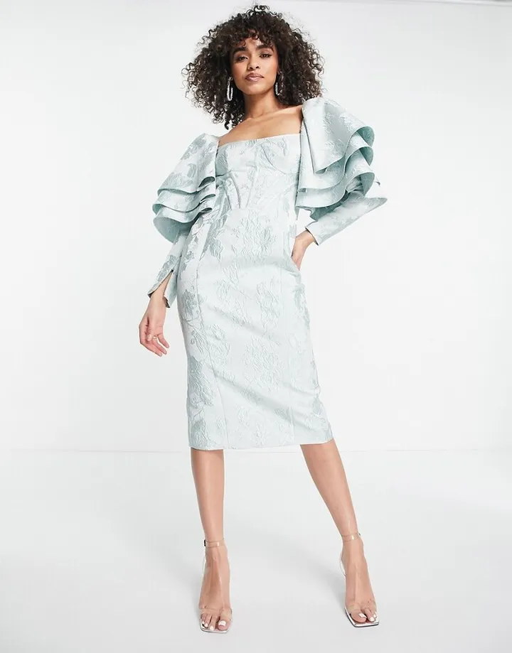 ASOS LUXE jacquard midi dress with triple ruffle shoulder in seafoam