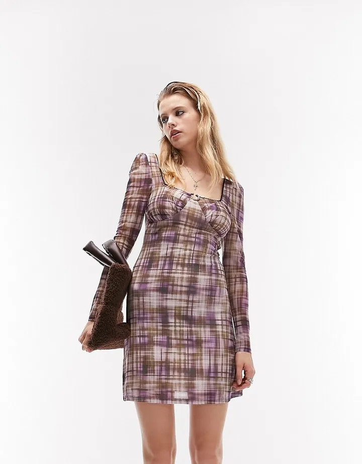 Topshop check mesh mini tea dress in purple
