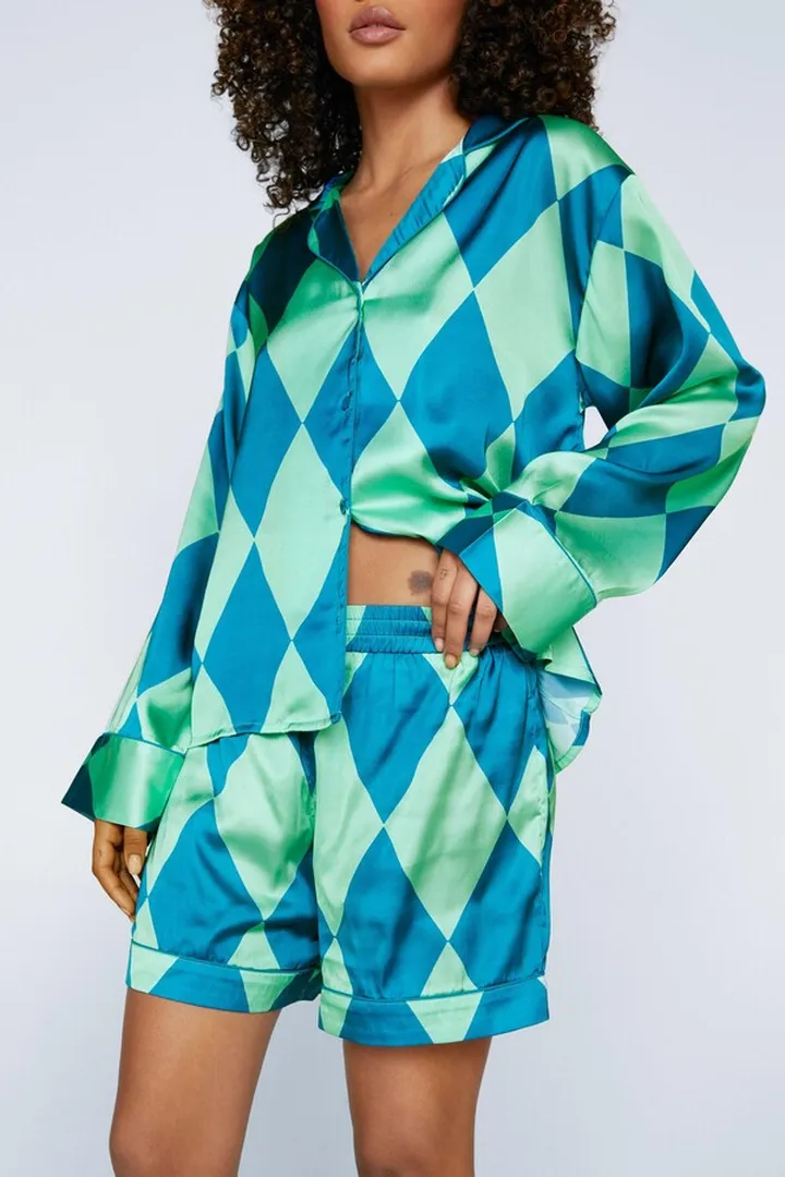 Nasty Gal Womens Satin Diamond Check Pajama Shirt And Shorts Set
