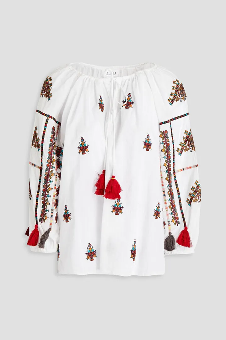 Tassel-trimmed gathered cotton blouse