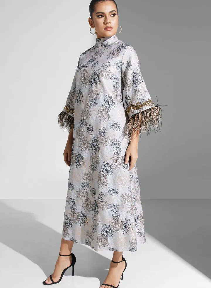Fringe Sleeve Floral Print Dress