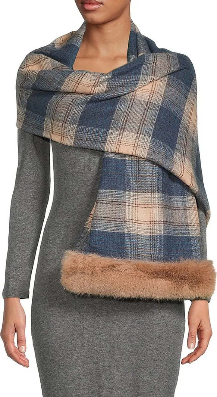 Plaid Faux Fur Trim Wrap
