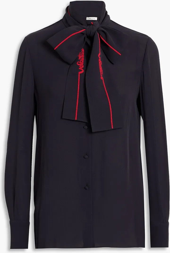Pussy-bow bead-embellished silk-chiffon blouse