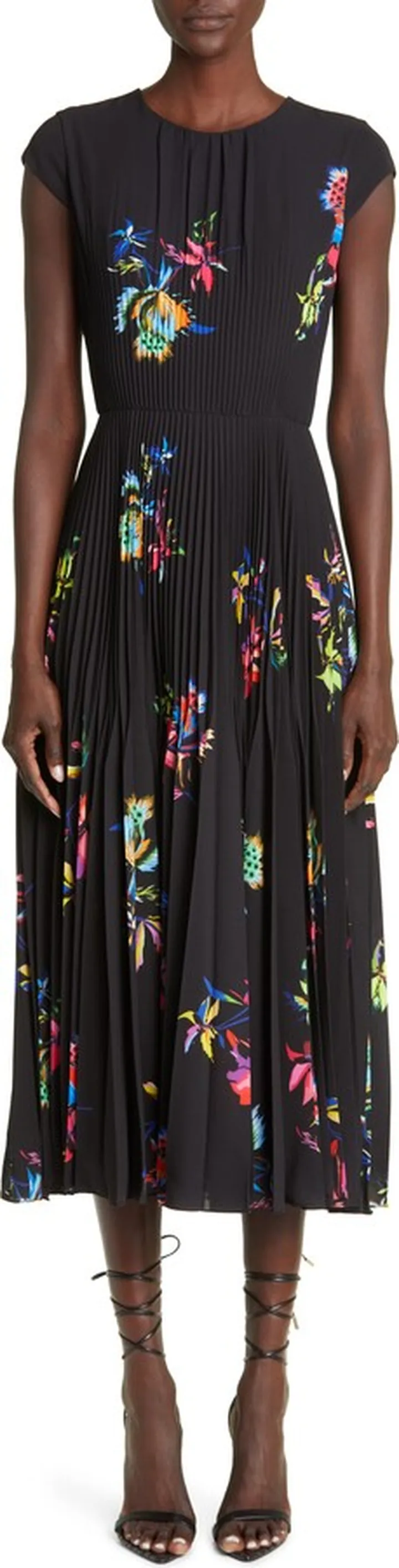 Pleated Floral Print Cap Sleeve Midi Dress