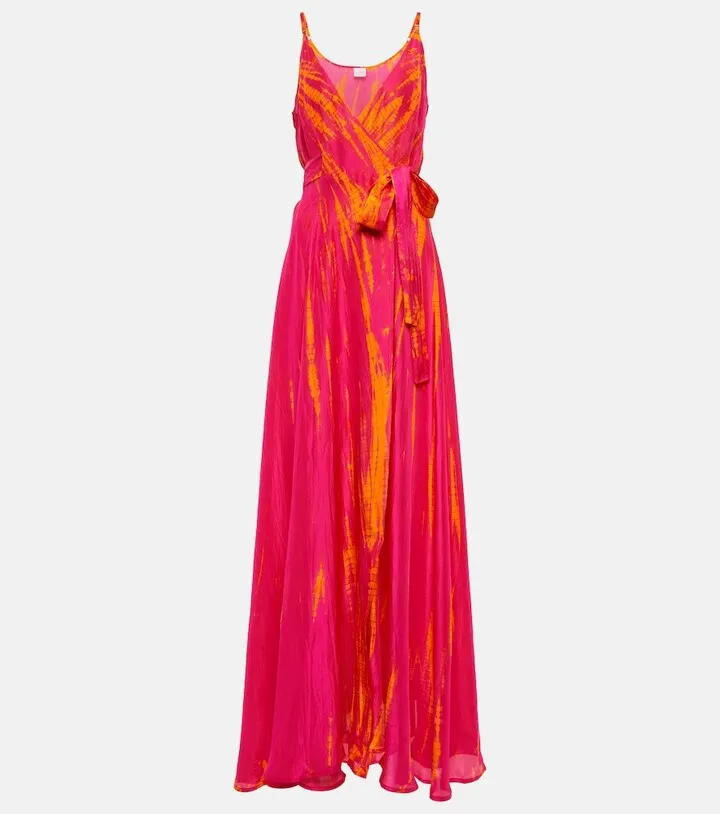 Tie-dyed wrap silk maxi dress