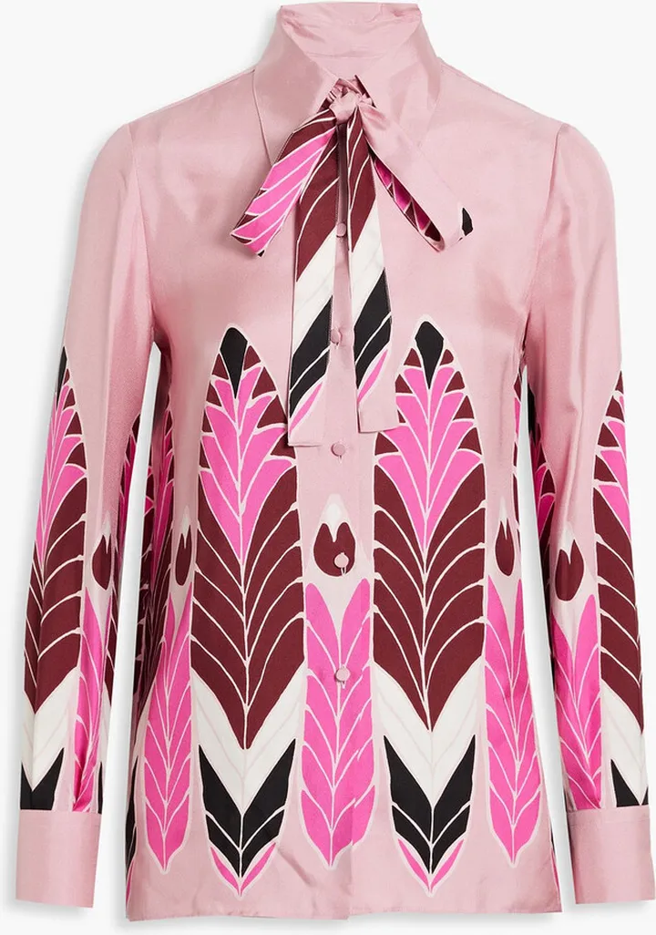 Tie-neck printed silk-twill shirt