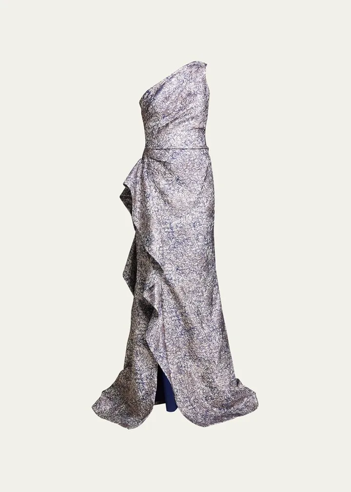 One-Shoulder Jacquard Side-Ruffle Gown
