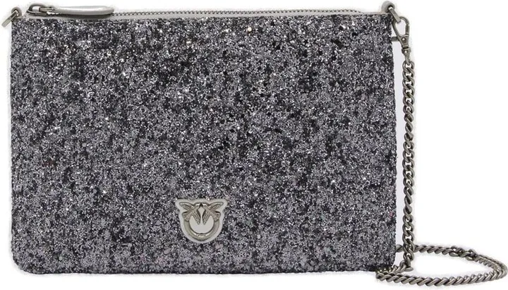 Pinko Flat Classic Logo Plaque Glitter Shoulder Bag