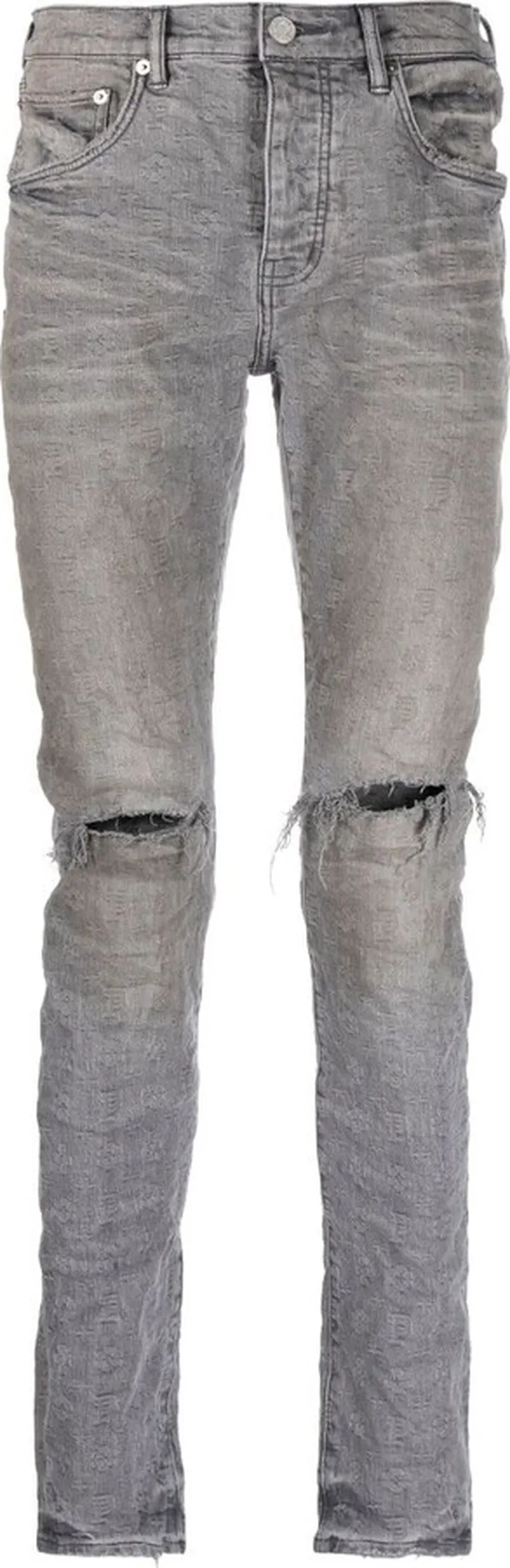 Grey Distressed Ripped-Knee Slim-Fit Jeans