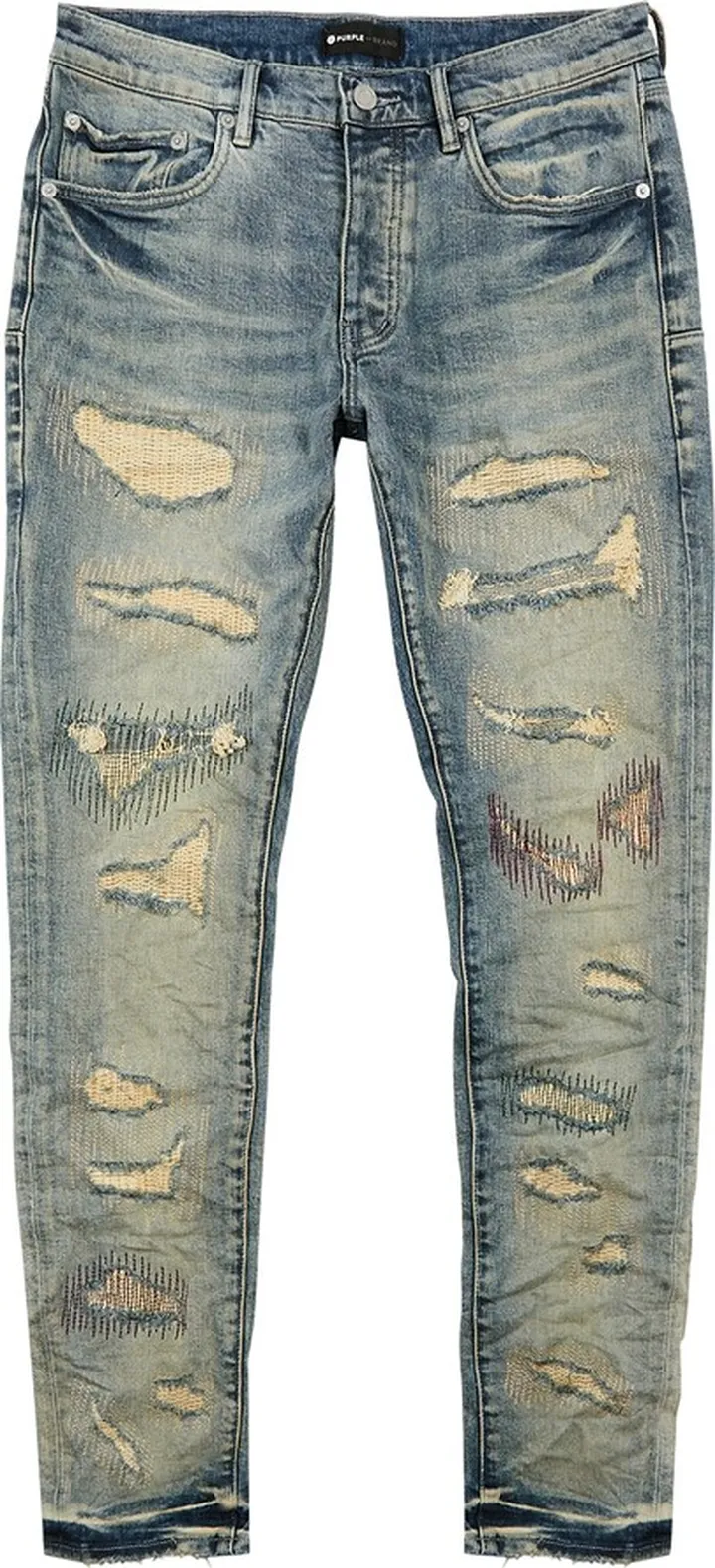 Purple Embroidered Distressed Skinny Jeans