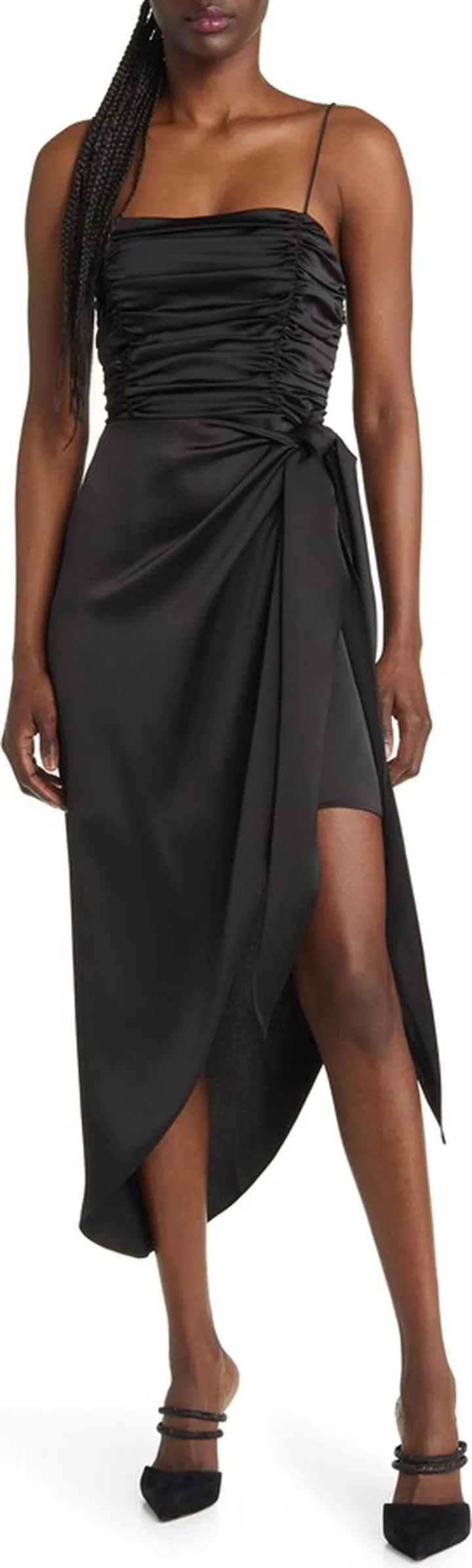 Ruched Bodice Satin Midi Dress