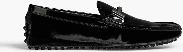 Patent leather-trimmed velvet driving shoes