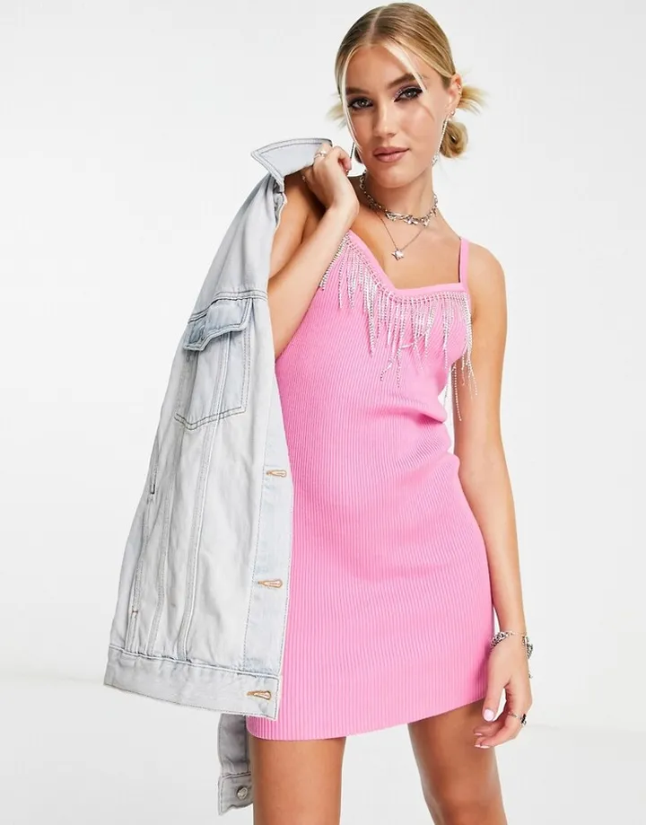 Miss Selfridge rhinestone fringe knit mini dress in pink