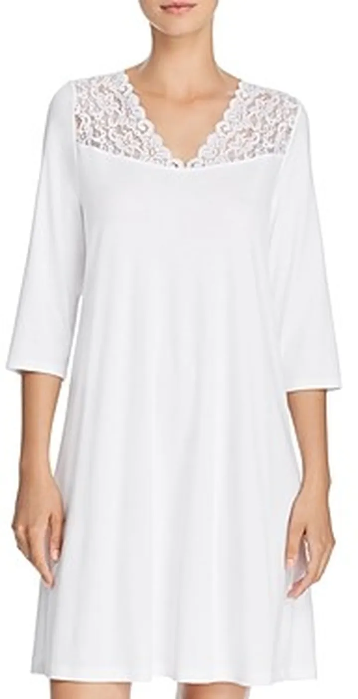 Hanro Moments Lace Trim Three-Quarter Sleeve Cotton Gown