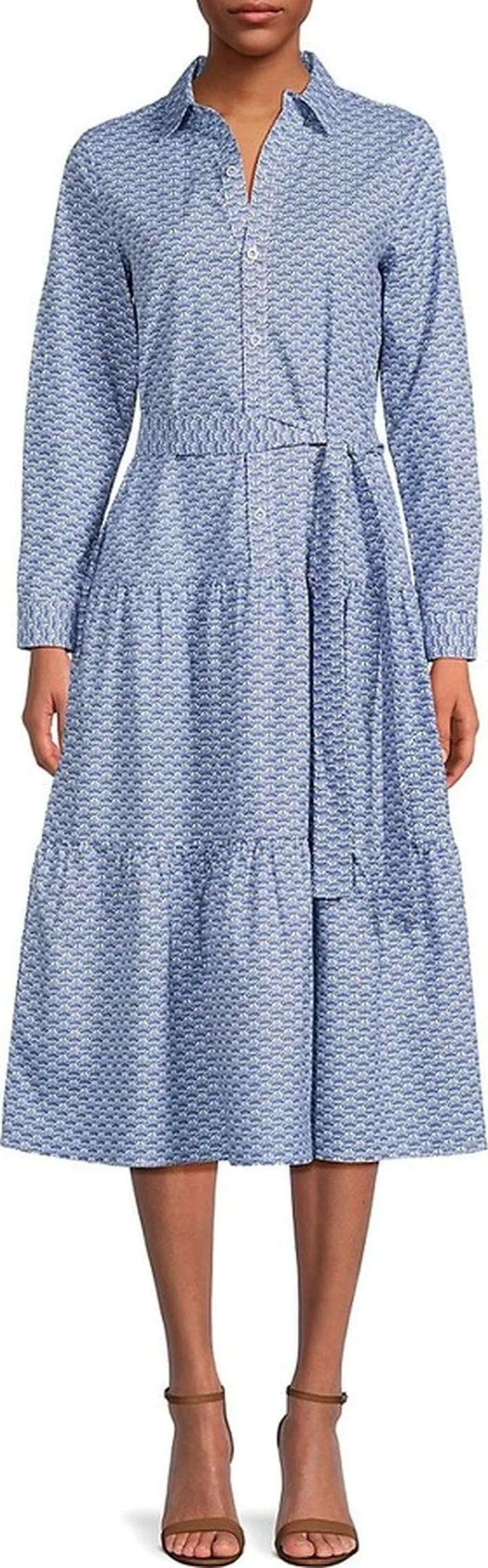 Print Tiered Midi Shirtdress