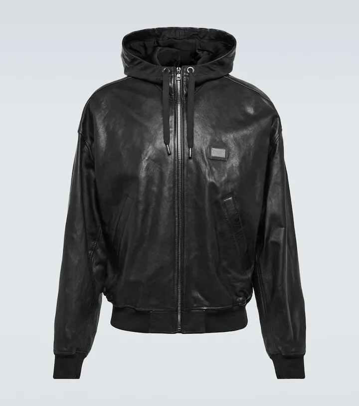 Logo hooded leather jacket