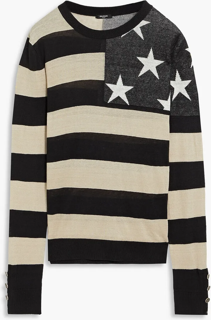Jacquard knit-paneled striped linen sweater