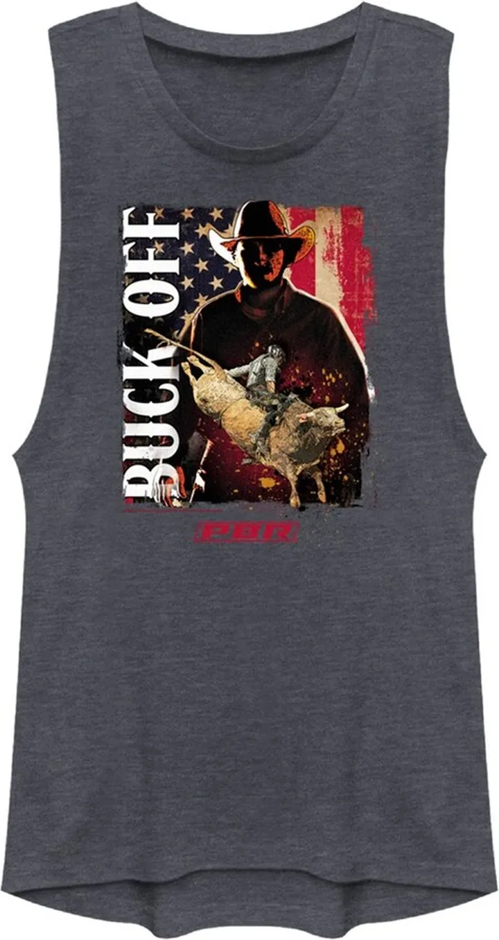 Junior's Professional Bull Riders Buck Off Festival Muscle Tee - Denim Blue Heather - X Small