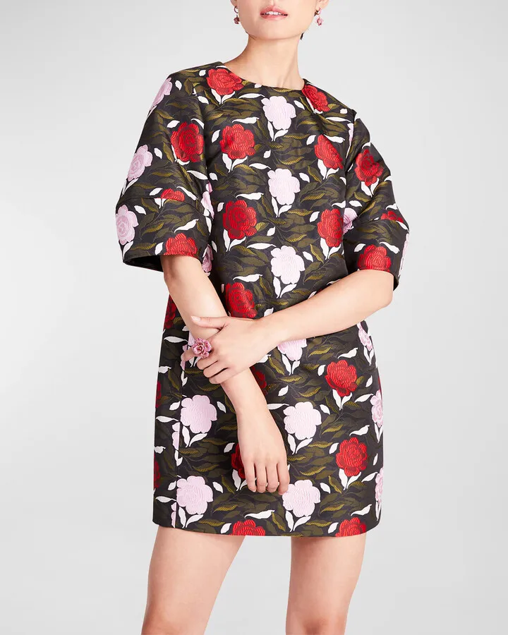 Rose Garden Puff-Sleeve Brocade Mini Dress